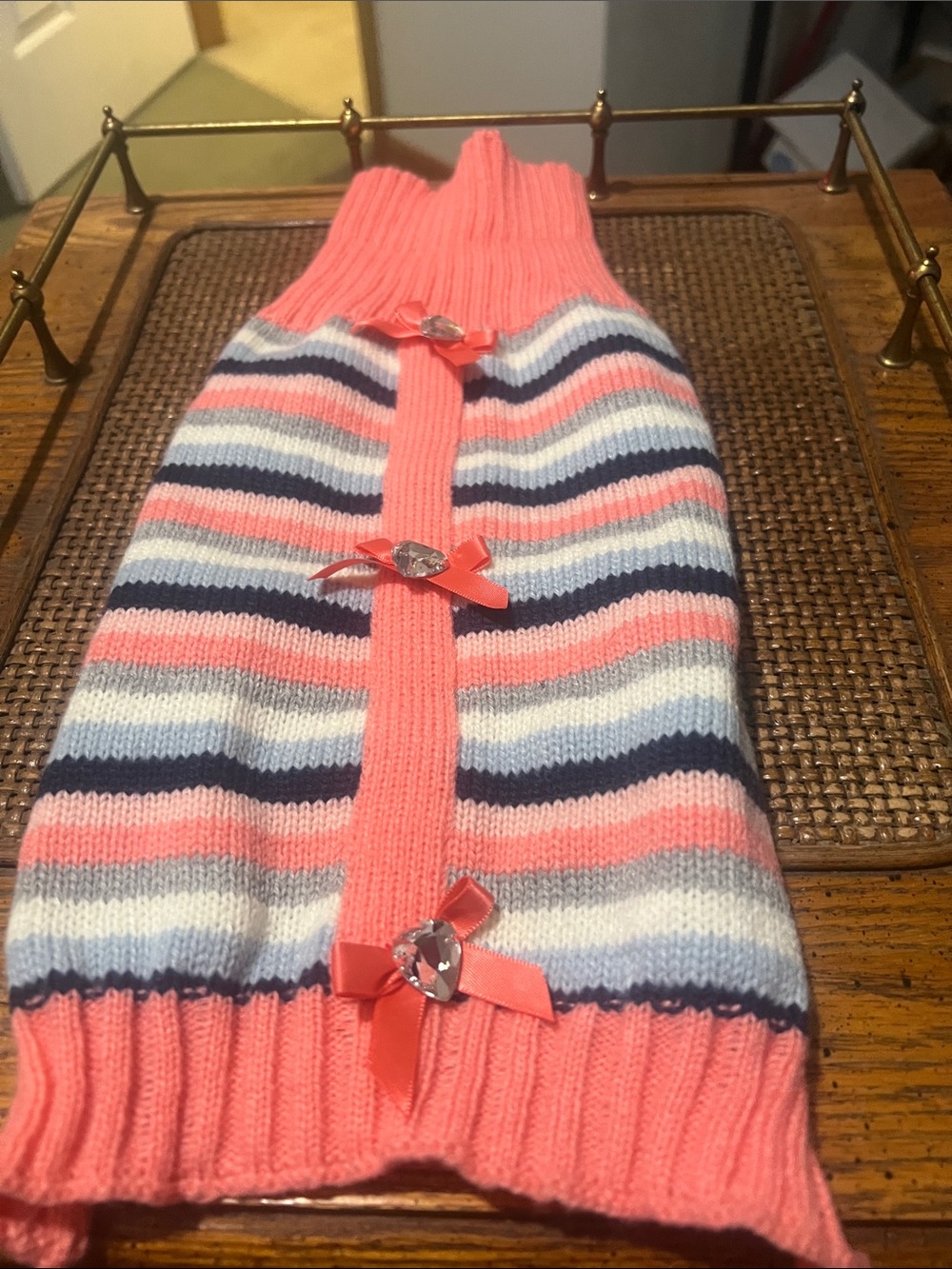 Coral Pink Striped Knit Dog Sweater with Navy & Light Blue Accents and Bows